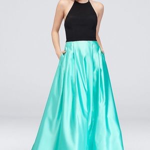 Teal and black halter-neck prom dress
